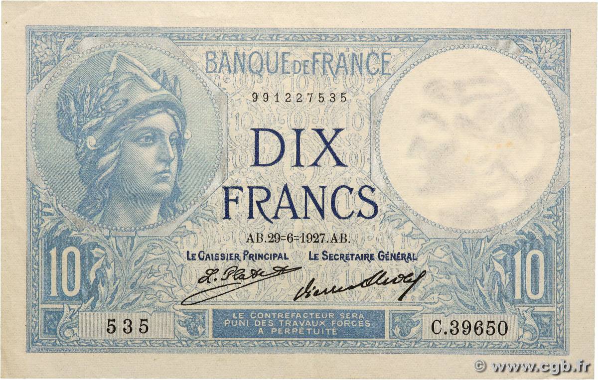 10 Francs MINERVE FRANCE  1927 F.06.12 TTB+