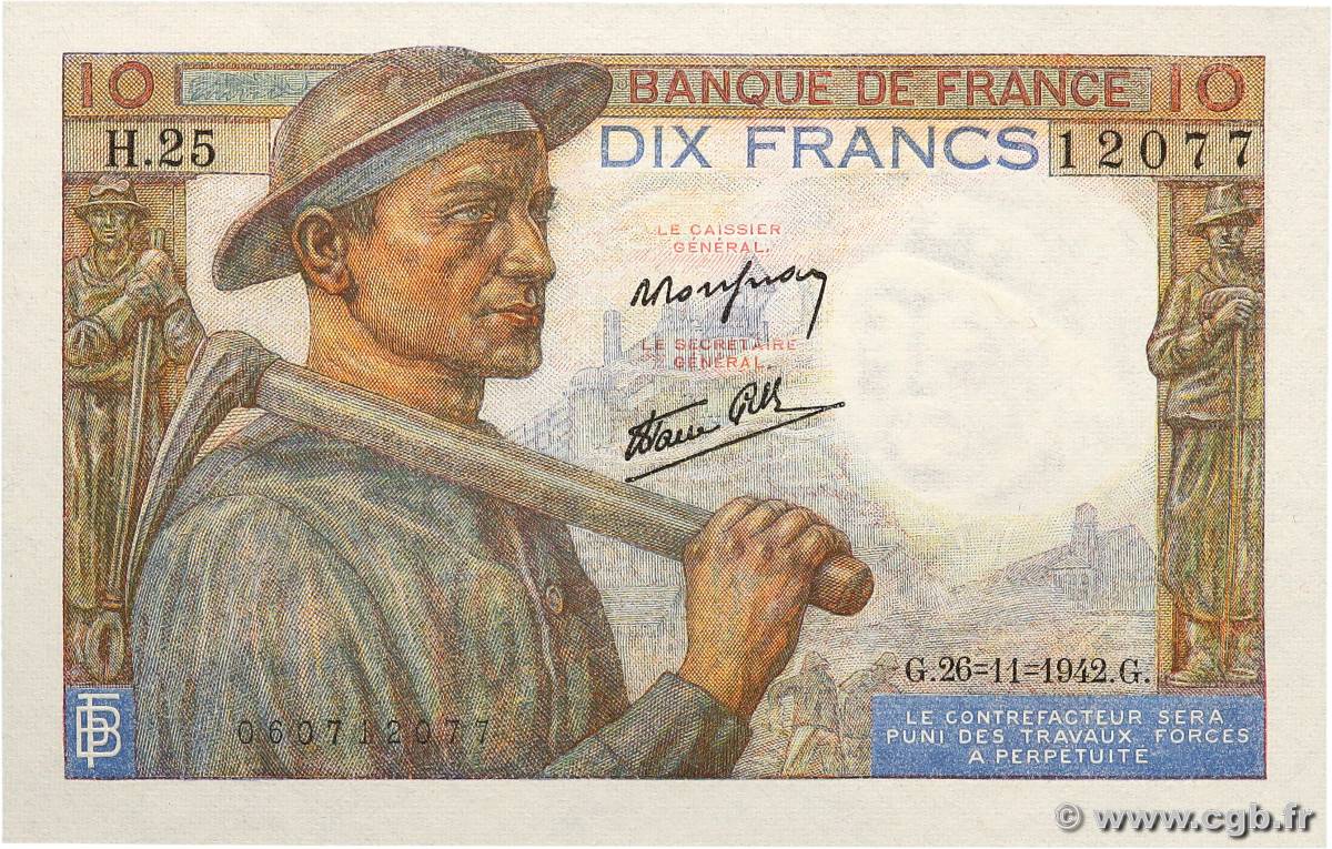 10 Francs MINEUR FRANCE  1942 F.08.06 UNC-