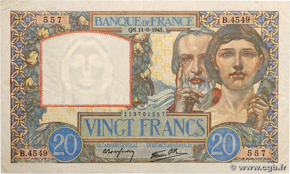 20 Francs TRAVAIL ET SCIENCE FRANCE  1941 F.12.15 VF+