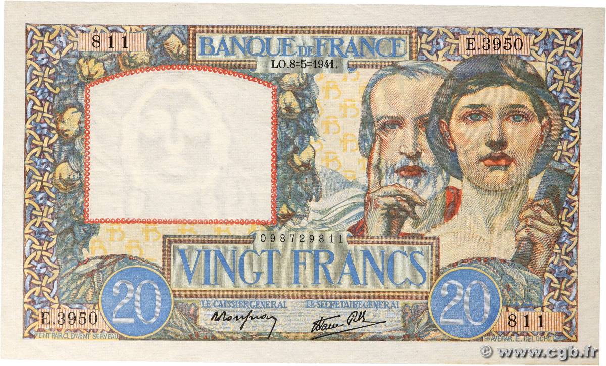 20 Francs TRAVAIL ET SCIENCE FRANCE  1941 F.12.14 TTB