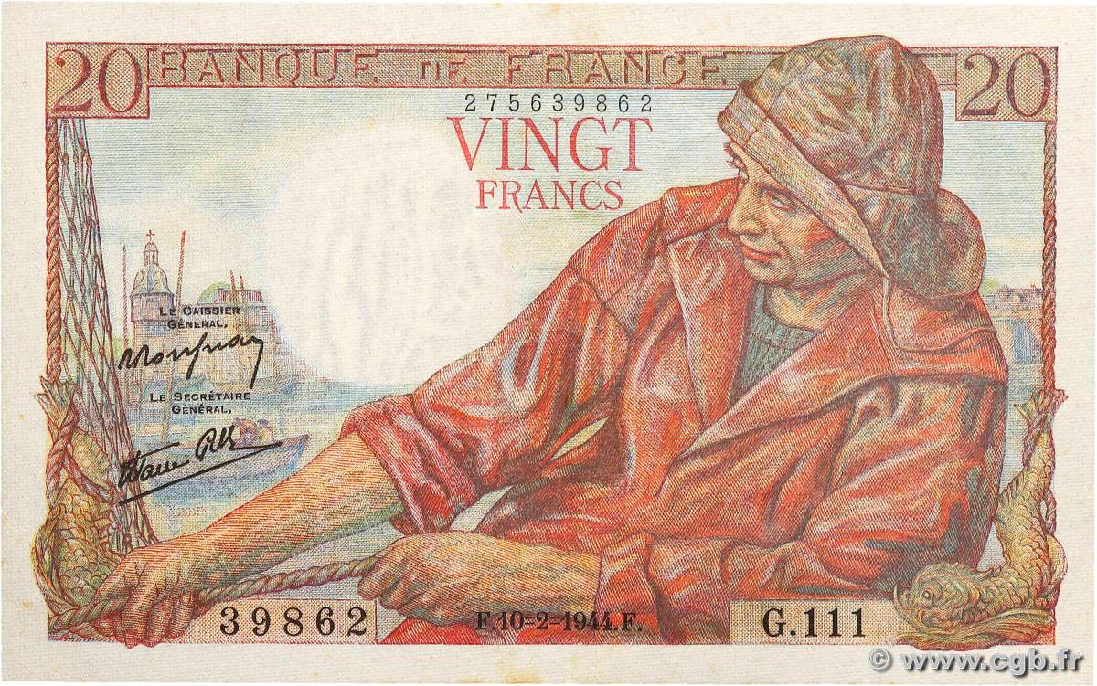 20 Francs PÊCHEUR FRANCIA  1944 F.13.08 EBC