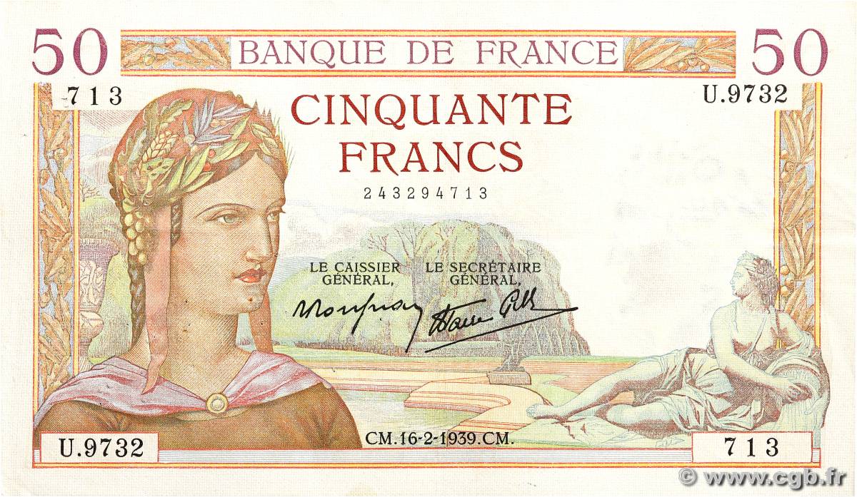 50 Francs CÉRÈS modifié FRANCE  1939 F.18.22 TTB