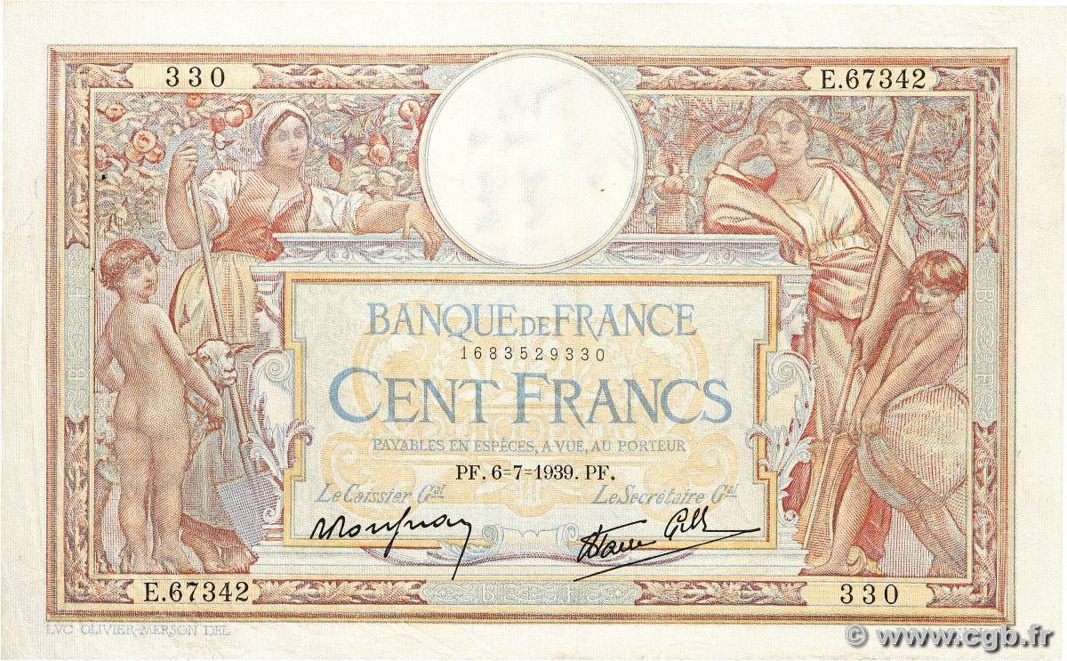 100 Francs LUC OLIVIER MERSON type modifié FRANCE  1939 F.25.48 VF