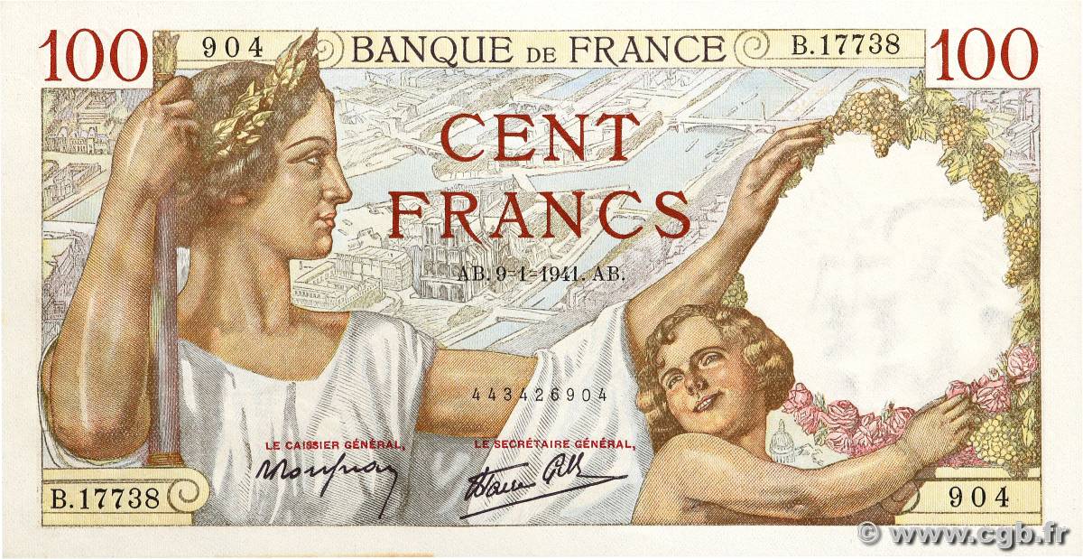 100 Francs SULLY FRANCE  1941 F.26.44 NEUF