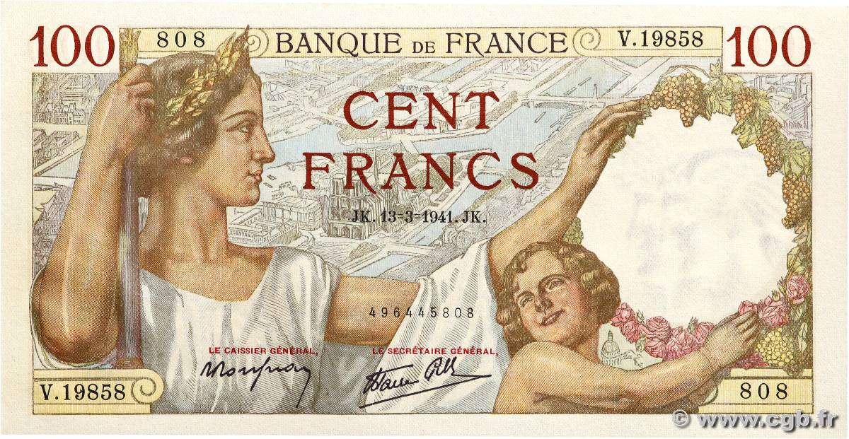 100 Francs SULLY FRANKREICH  1941 F.26.48 fST+