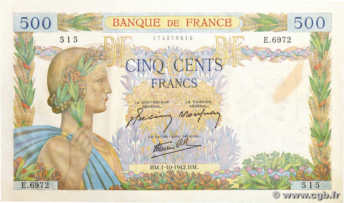 500 Francs LA PAIX FRANCE  1942 F.32.41 AU