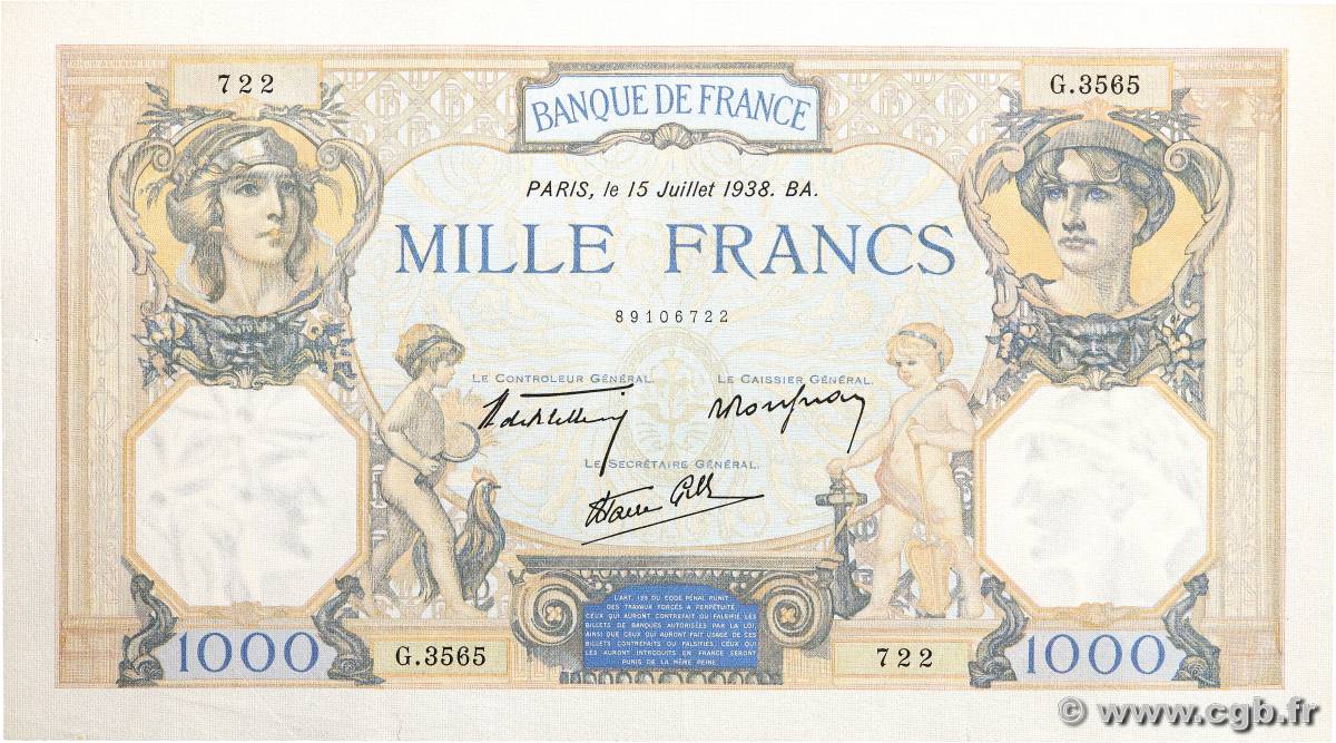 1000 Francs CÉRÈS ET MERCURE type modifié FRANCE  1938 F.38.23 TTB