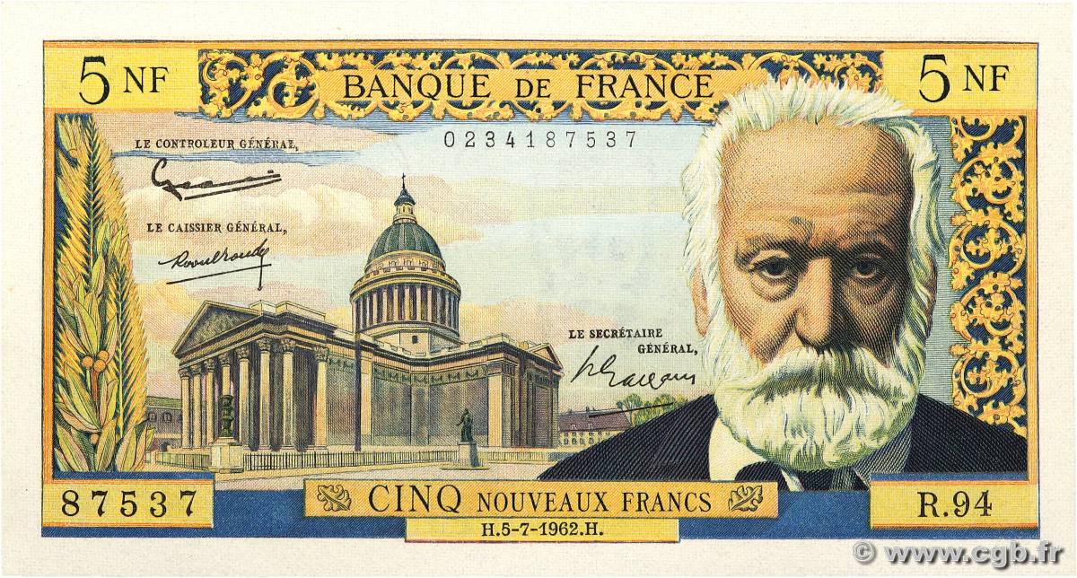 5 Nouveaux Francs VICTOR HUGO FRANCIA  1962 F.56.12 SPL