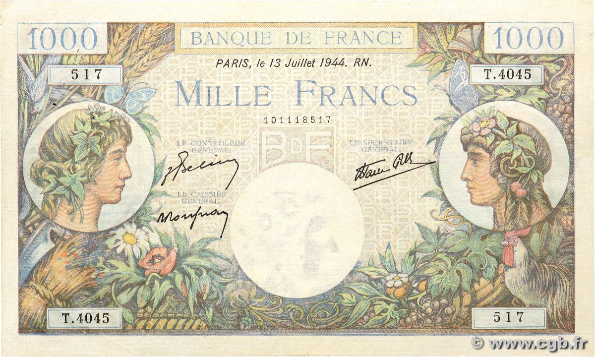 1000 Francs COMMERCE ET INDUSTRIE FRANCE  1944 F.39.11 XF-