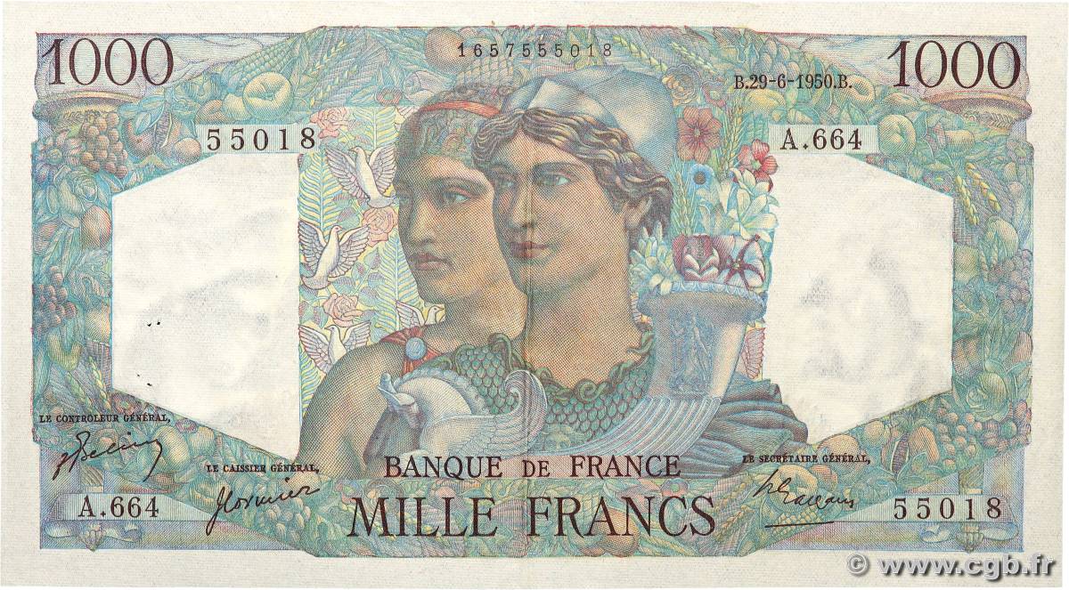 1000 Francs MINERVE ET HERCULE FRANKREICH  1950 F.41.33 fVZ