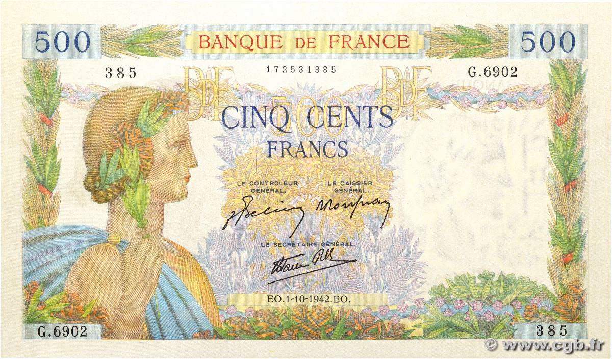 500 Francs LA PAIX FRANKREICH  1942 F.32.41 fST