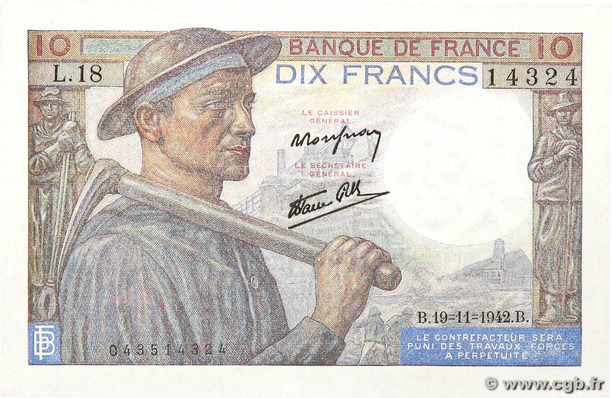 10 Francs MINEUR FRANKREICH  1942 F.08.05 fST+