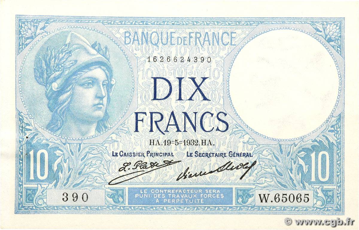 10 Francs MINERVE FRANCE  1932 F.06.16 XF