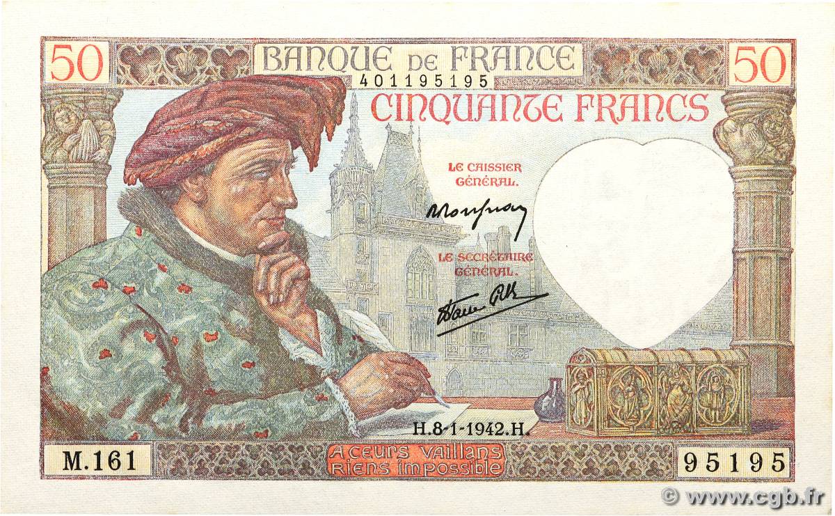 50 Francs JACQUES CŒUR FRANCE  1942 F.19.18 UNC