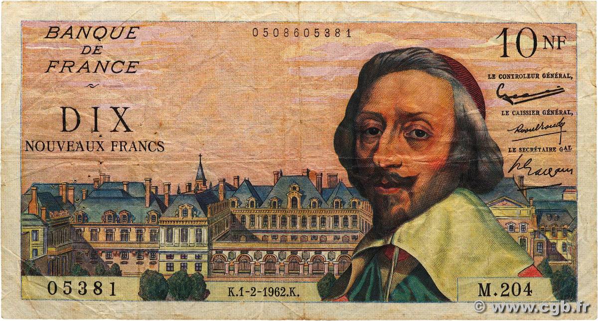 10 Nouveaux Francs RICHELIEU FRANCIA  1962 F.57.17 q.MB