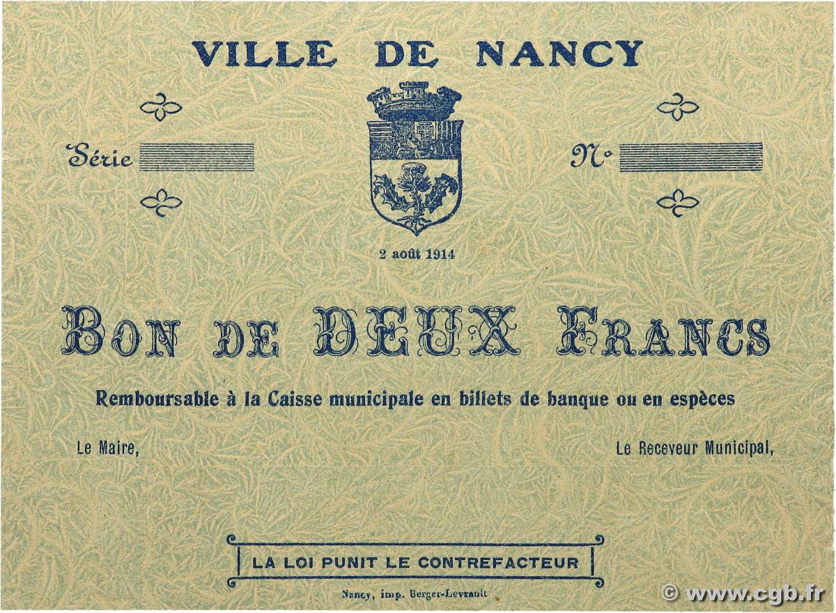 2 Francs Épreuve FRANCE regionalism and various Nancy 1914 JP.54.02p AU