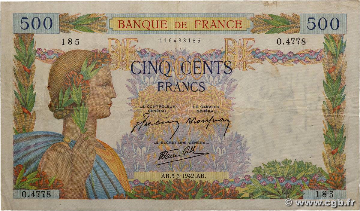 500 Francs LA PAIX FRANCE  1942 F.32.30 VF-