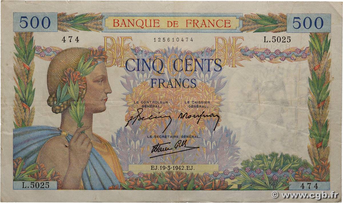 500 Francs LA PAIX FRANCE  1942 F.32.31 pr.TTB