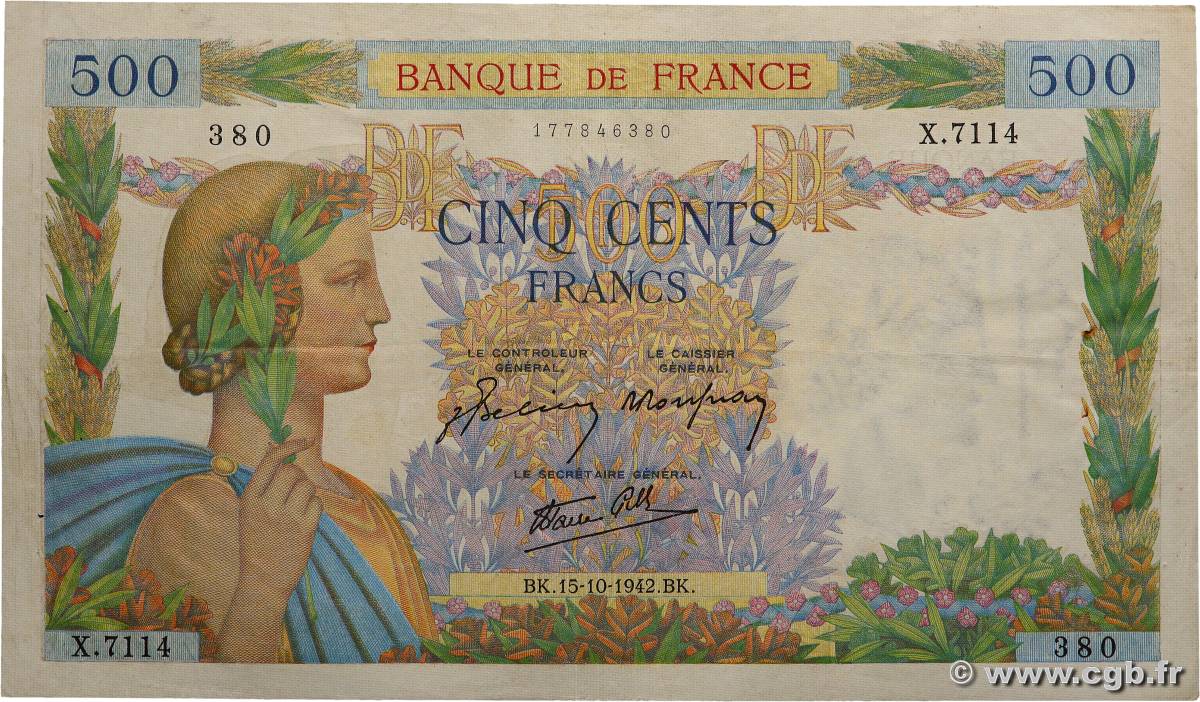 500 Francs LA PAIX FRANCIA  1942 F.32.42 MBC