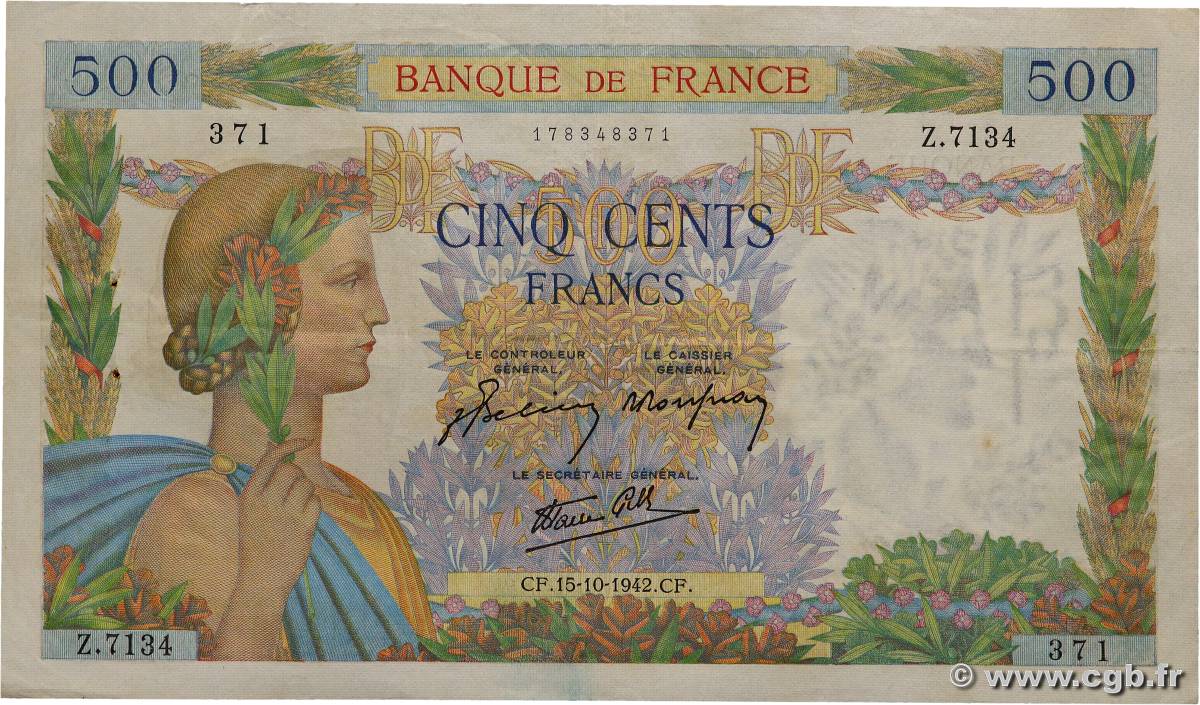 500 Francs LA PAIX FRANCE  1942 F.32.42 VF