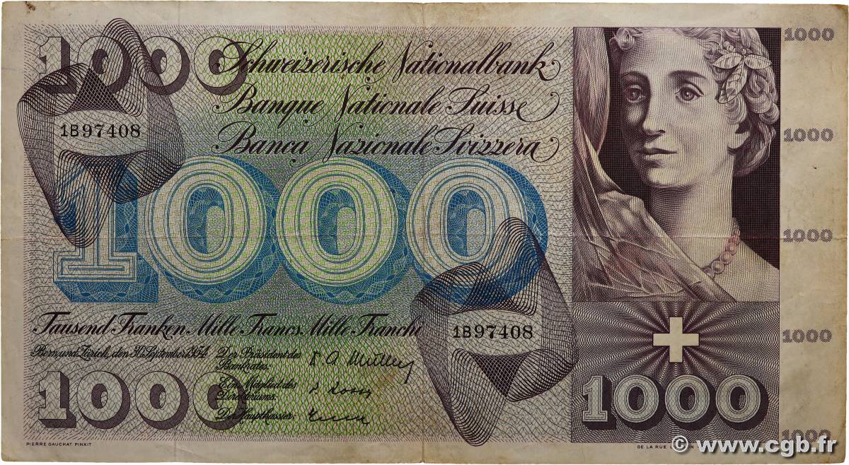 1000 Francs SUISSE  1954 P.52a VF-