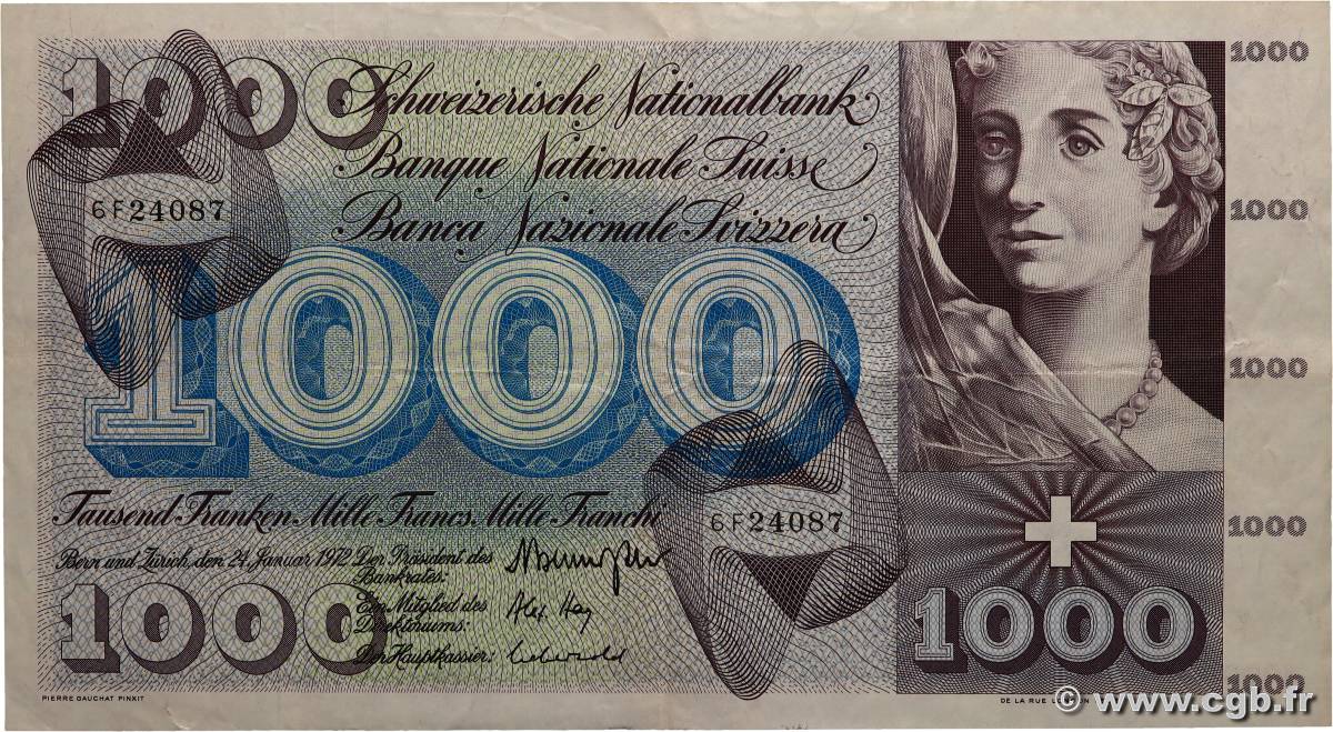 1000 Francs SUISSE  1972 P.52k TTB