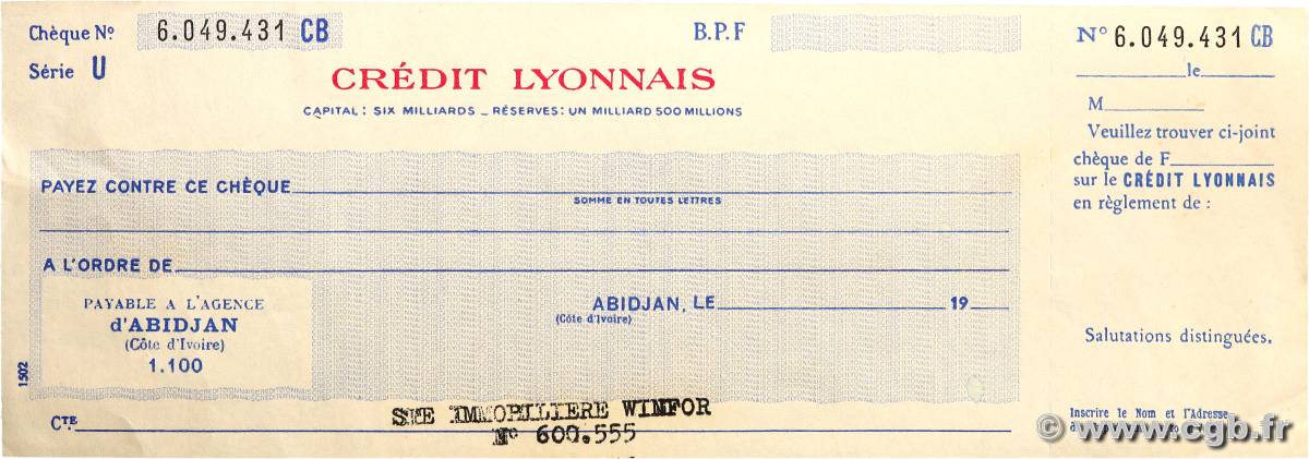 Francs FRANCE Regionalismus und verschiedenen Abidjan 1980 DOC.Chèque VZ