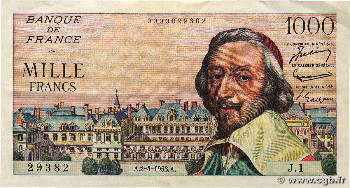 1000 Francs RICHELIEU FRANKREICH  1953 F.42.01 fVZ