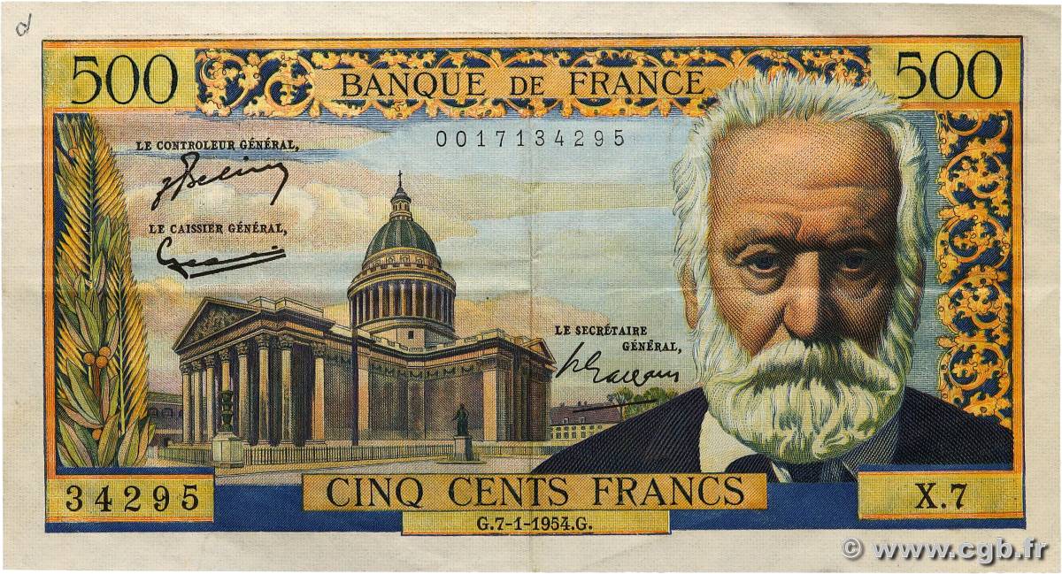 500 Francs VICTOR HUGO FRANCE  1954 F.35.01 TTB+