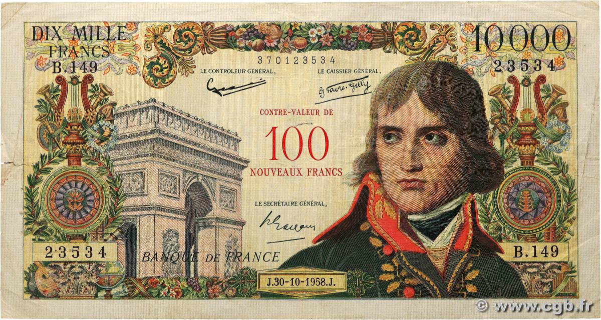 100 NF sur 10000 Francs BONAPARTE FRANCE  1958 F.55.01 F+