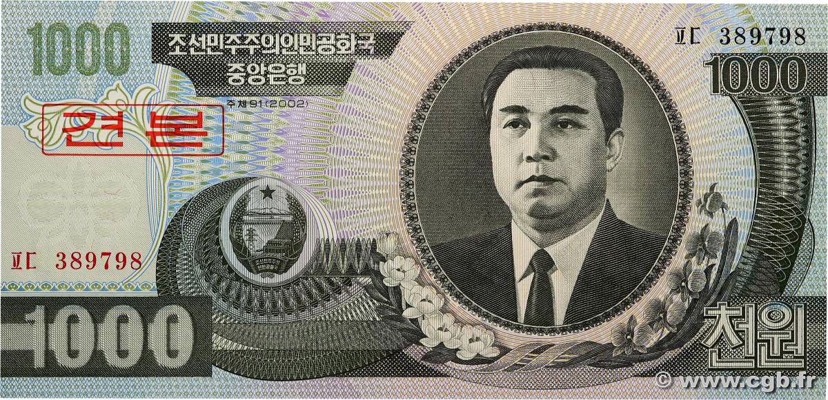 1000 Won Spécimen CORÉE DU NORD  2002 P.45aS1 NEUF