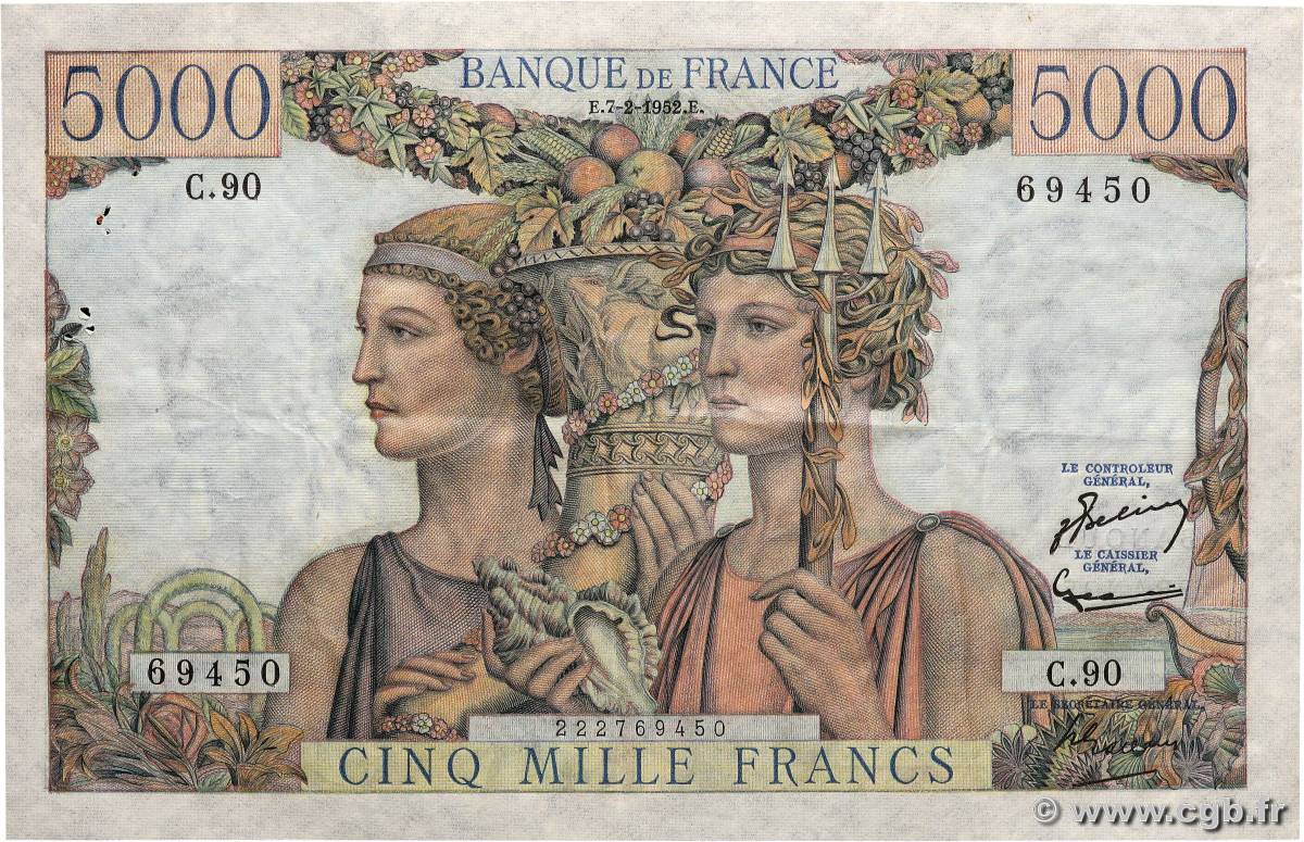 5000 Francs TERRE ET MER FRANCE  1952 F.48.06 VF