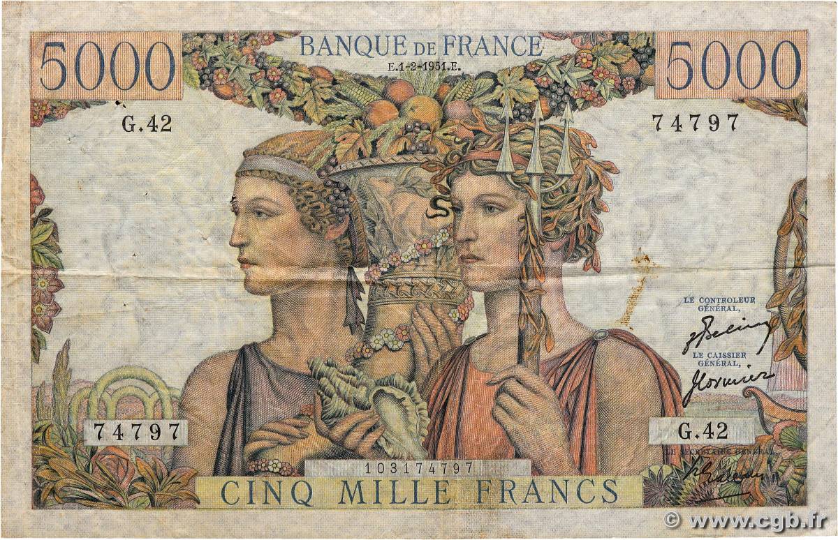 5000 Francs TERRE ET MER FRANCE  1951 F.48.03 TB+