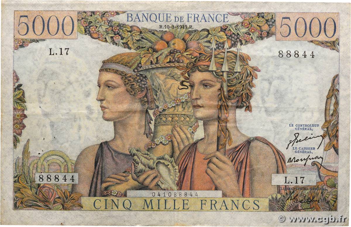 5000 Francs TERRE ET MER FRANCE  1949 F.48.01 VF-