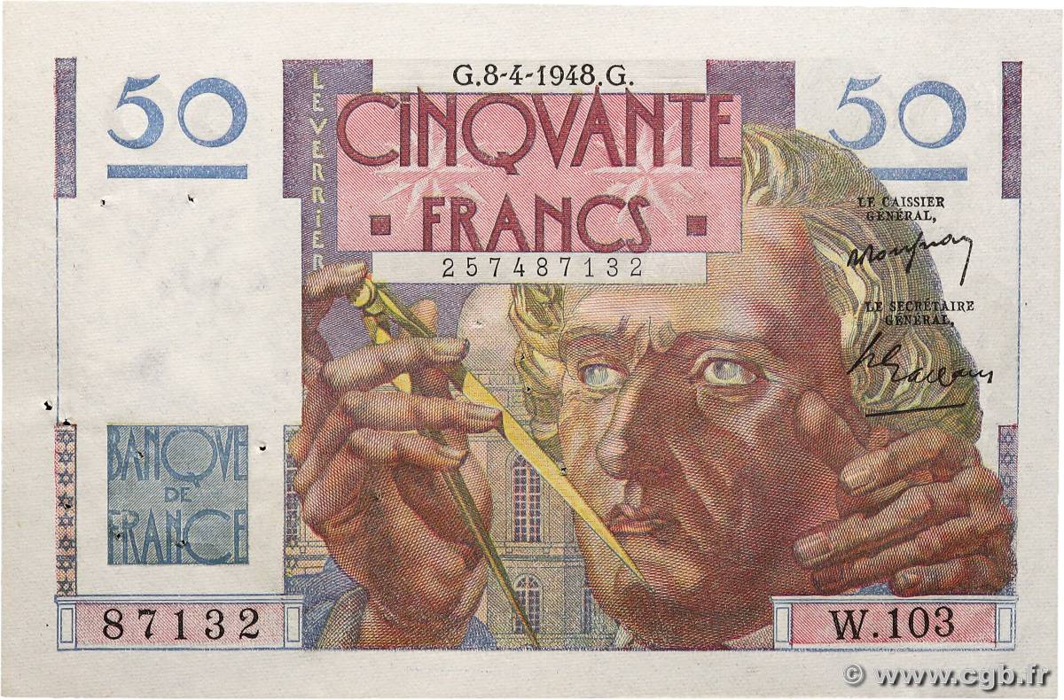 50 Francs LE VERRIER FRANCE  1948 F.20.10 TTB+