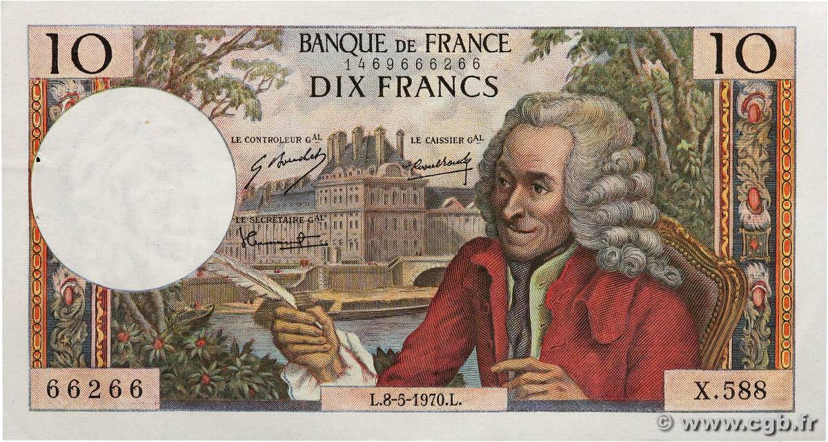 10 Francs VOLTAIRE Numéro radar FRANCE  1970 F.62.44 SUP+