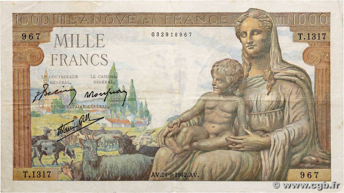 1000 Francs DÉESSE DÉMÉTER FRANCE  1942 F.40.07 VF-