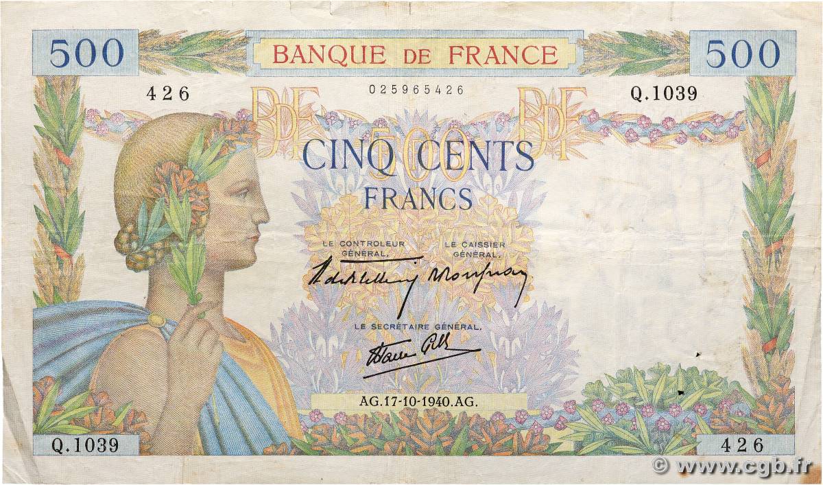 500 Francs LA PAIX FRANCE  1940 F.32.07 TB+