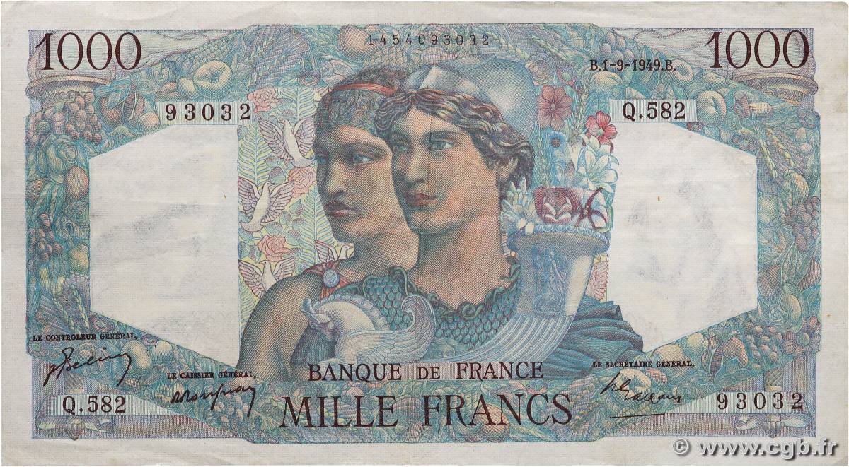 1000 Francs MINERVE ET HERCULE FRANCE  1949 F.41.28 TTB