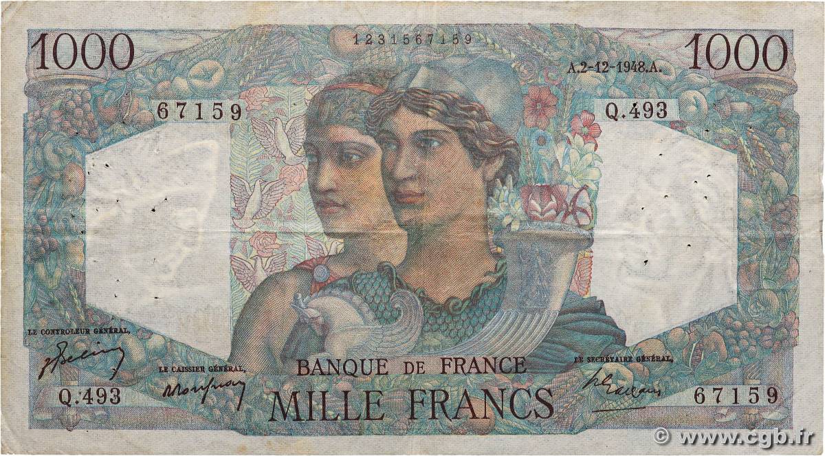 1000 Francs MINERVE ET HERCULE FRANCE  1948 F.41.24 TB