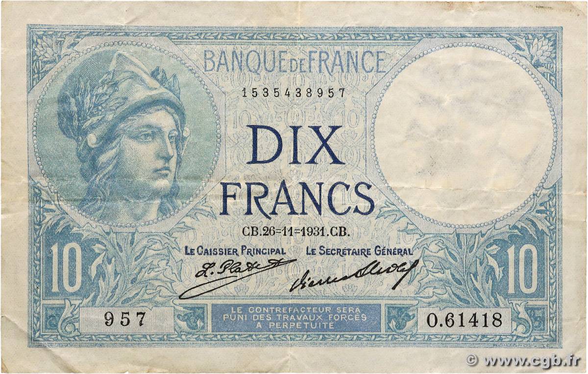 10 Francs MINERVE FRANCIA  1931 F.06.15 RC+