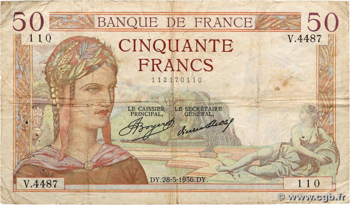 50 Francs CÉRÈS FRANKREICH  1936 F.17.26 SGE