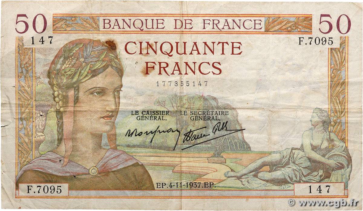 50 Francs CÉRÈS modifié FRANCE  1937 F.18.04 pr.TB