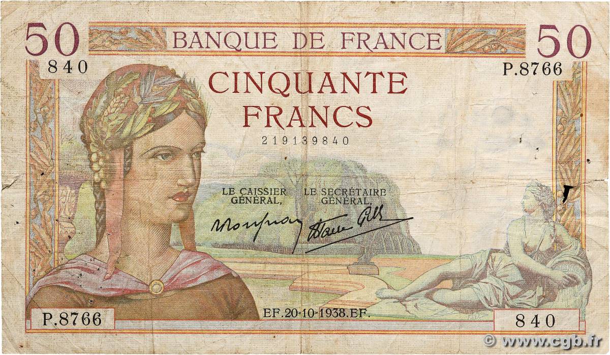 50 Francs CÉRÈS modifié FRANKREICH  1938 F.18.16 fSGE