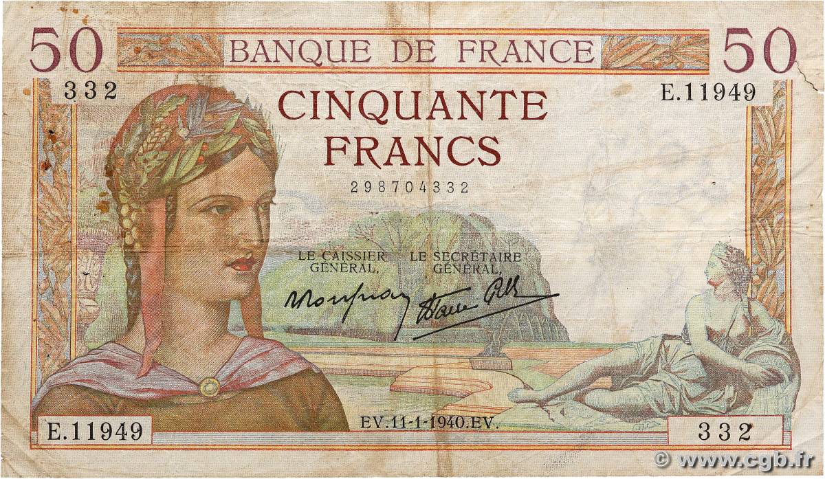 50 Francs CÉRÈS modifié FRANKREICH  1940 F.18.37 fS