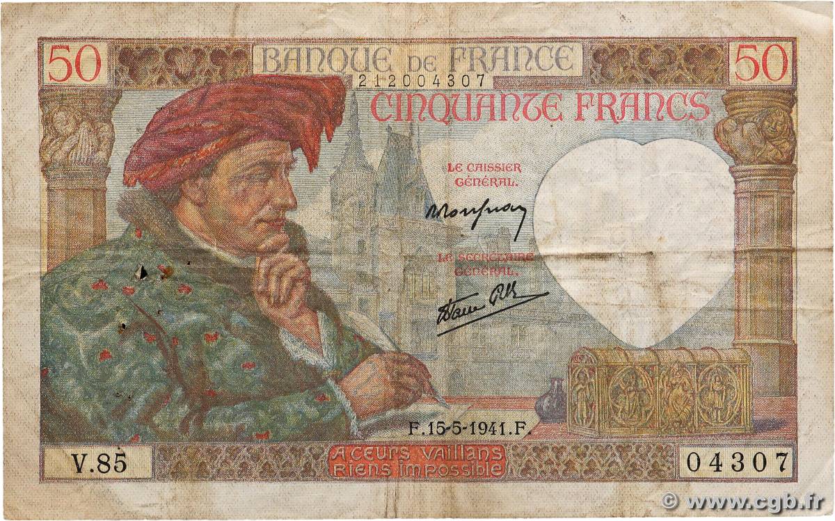 50 Francs JACQUES CŒUR FRANCE  1941 F.19.11 TB