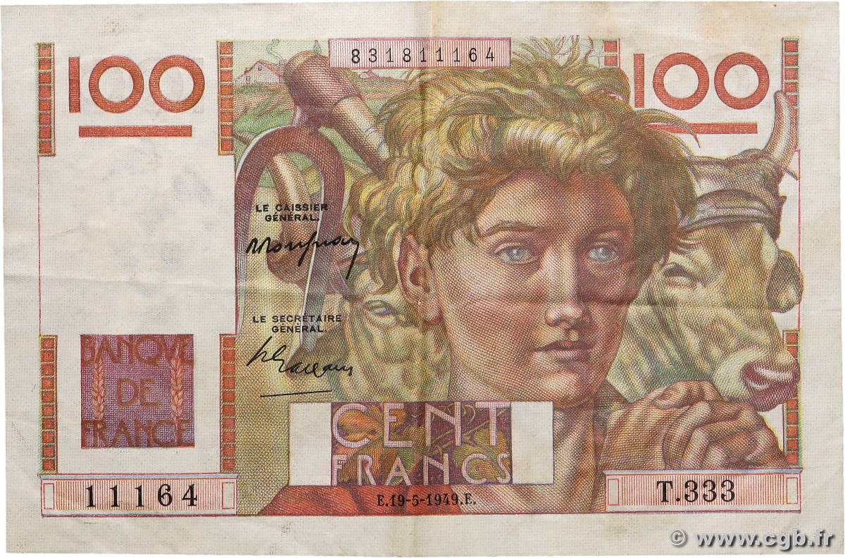 100 Francs JEUNE PAYSAN FRANCIA  1949 F.28.24 MBC