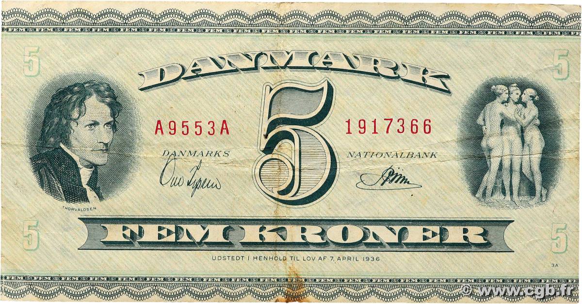 5 Kroner DENMARK  1955 P.042i F+