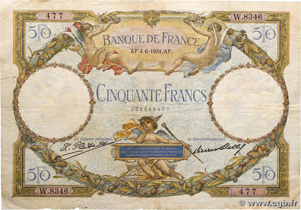 50 Francs LUC OLIVIER MERSON type modifié FRANCE  1931 F.16.02 B+