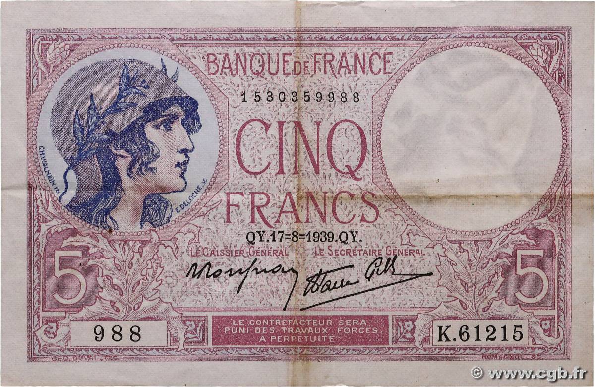 5 Francs FEMME CASQUÉE modifié FRANCE  1939 F.04.06 TTB